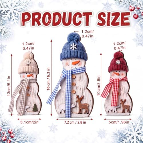 Suzile 3 Pcs Wooden Snowman Figurines, Christmas Tabletop Decor