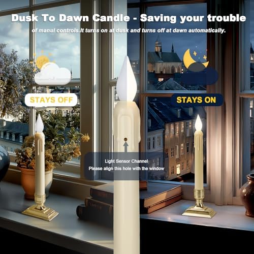 6 Pcs Sensor Dawn to Dusk Window Candles, Flickering Battery Candles for Windows, Ultra Bright Fake Candle Lights with Gold Holders, Led Candlesticks for Xmas Home Decor, White Light