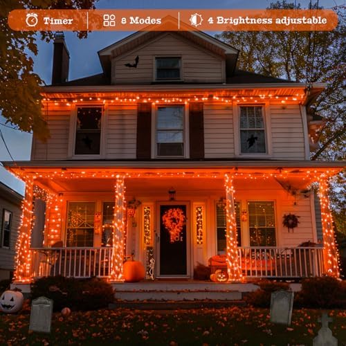 JMEXSUSS 400 LED Orange Lights for Halloween Decor, Plug in with Remote