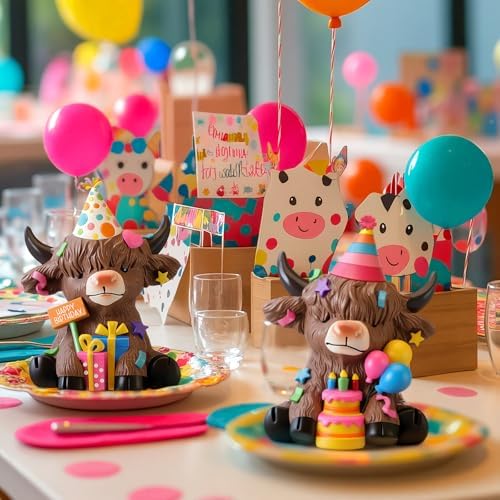 Karenhi 2 Pcs Highland Cow Figurines Resin Birthday Cake Topper Decor