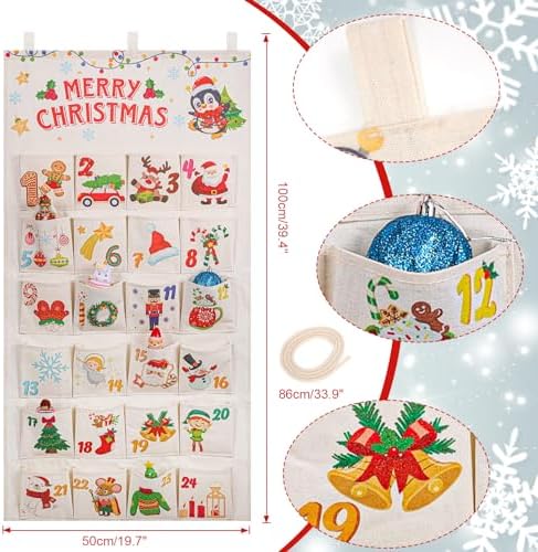 HOWAF Fabric Christmas Advent Calendar (Countdown to Christmas), 24 Days Mystery Christmas Countdown Calendar with 24 Pockets for Xmas Holiday Home Wall Decoration