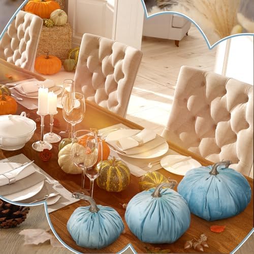 Beeveer 3 Pcs Fall Pumpkins Decor Blue Velvet Farmhouse Decorative