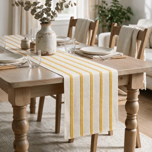 Artoid Mode Yellow Farmhouse Woven Stripe Table Runner, Seasonal Holiday Boho Rustic Kitchen Dining Table Decoration for Home Party Decor 12x72 Inch