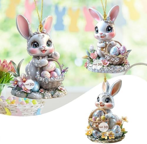 3 Pcs Easter Decorations Acrylic Hanging Ornaments Bunny Flower Garland Designs DIY Crafts Mini Rhinestones Glitter Rabbit Hanging Pendants for Easter Theme Decoration Supplies