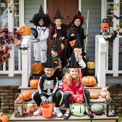 Famoby 12pcs Halloween Black Witch Hat with 157 FT Nylon Cord &120pcs Bat Sticker for Indoor Outdoor Home Yard Porch Ceiling Halloween Party Decorations
