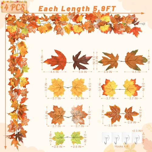 4Pack 23.6FT Fall Maple Leaf Garland for Autumn Thanksgiving Fall Decor