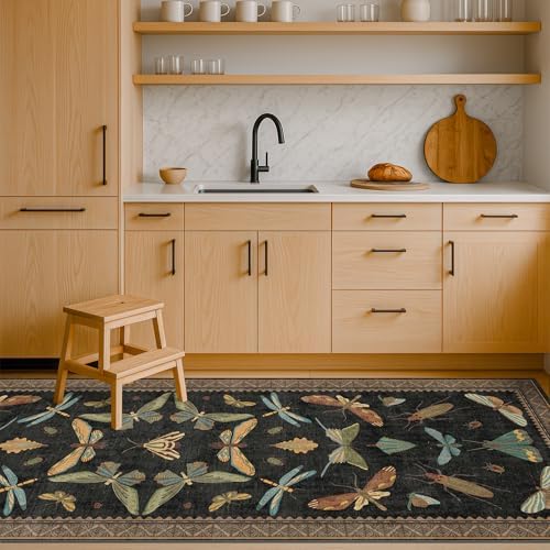 2x7 Black Non Slip Entryway Runner Rug, Boho Washable Runner for Hallway, Kitchen, Mudroom, Laundry Room, Nature Insect