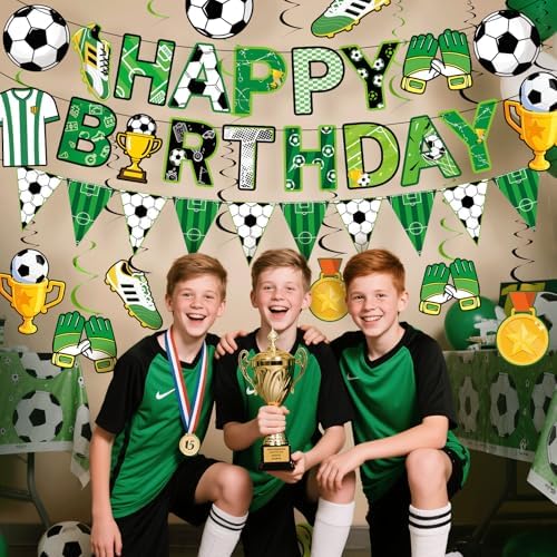 Soccer Party Decorations, 14Pcs Soccer Birthday Party Supplies Include Soccers Happy Birthday Banner Paper Garland Hanging Swirl for Boys Sports Birthdays Decor