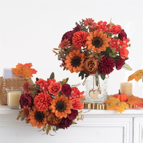 2 Pcs Fall Artificial Sunflower Peony Bouquet, Burnt Orange Burgundy Silk Faux Flower, Autumn Faux Floral Arrangements for Wedding Table Centerpiece Thanksgiving Farmhouse Indoor Outdoor Decor