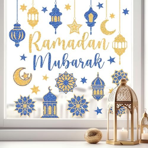 Whaline 6 Sheet Glitter Ramadan Window Clings Window Decal Blue-Gold Eid Mubarak Moon Star Reusable Anti-Collision Glass Decor for Home School Office Muslim Al Fitr Party Supplies