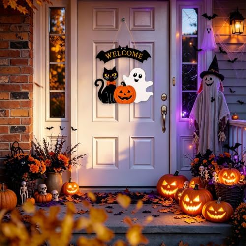 Halloween Welcome Wreath for Front Door Wooden Black Cat Ghost Door Decor