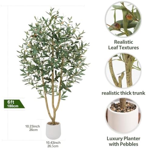 6ft Artificial Olive Tree with Tall Exquisite Planter | Realistic Faux Olive Tree with Thick Trunk and Lifelike Leaves