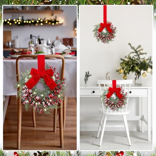 Thiccywoov 2 Pcs 9'' Small Christmas Cabinet Wreath with Light, Velvet Bow