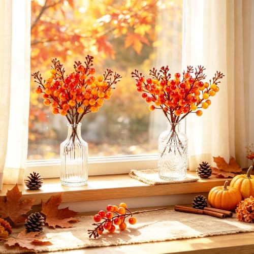 24 Pack Fall Berry Stems 7.5" Orange Berry Picks