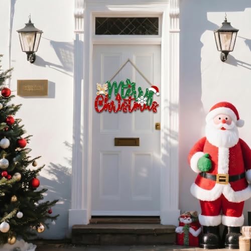 Merry Christmas Sign for Front Door Decor - 2 in 1Wooden 11.8 Inch × 6.7inch Christmas Wreath Wall Hanging or Tabletop Centerpiece for Door, Table, Fireplace