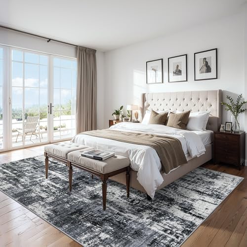 PLHXFR 9x12 Area Rug Living Room: Modern Abstract Washable Carpet Black