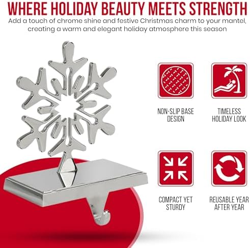 Iconikal 4-Pack Stocking Holders Christmas Chrome Metal Snowflake Weighted