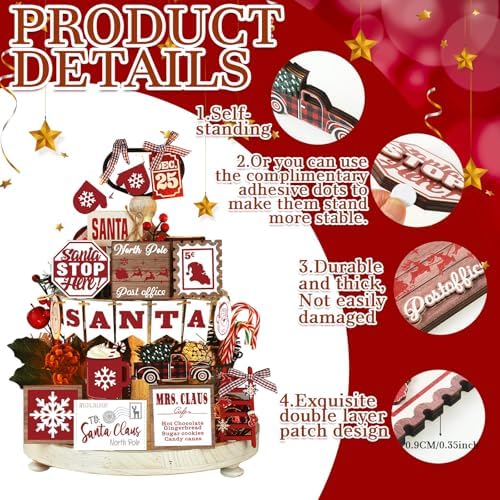 Funnymoom 17 Pcs Christmas Tiered Tray Decor Set Rustic Santa Tray Decor