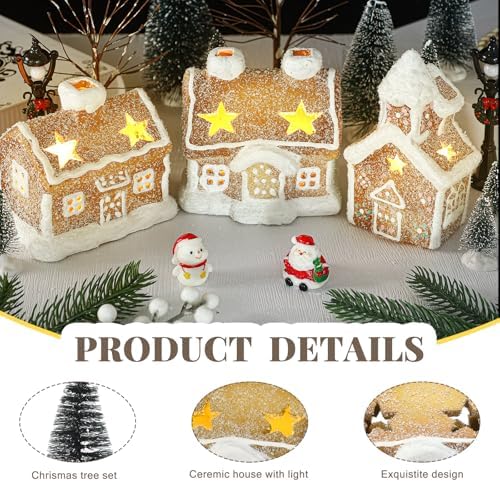 GlikCeil 17 Pcs LED Christmas Gingerbread Village, Ceramic Houses and Trees
