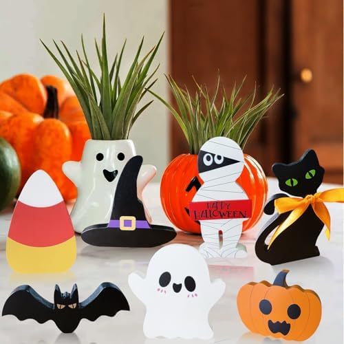 Cute Halloween Decorations Indoor: 7PCS Wooden Tiered Tray Decor Table Sign - Pumpkin Ghost Bat Black Cat Mummy Witch Hat Candy Corn Freestanding Signs for Party Home Mantel Shelf Display