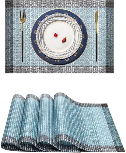 Niviy Blue Grey Ethnic Boho Placemats Set of 4, 12x18 Inch Linen Burlap Washable Durable Art Table Mats for Holiday Party Kitchen Dining Room Decoration