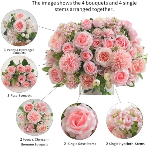 8 Pcs Mixed Artificial Peony Flowers Set-4 Bouquets & 4 Stems, Pink Fake Peony Rose Hydrangea Flowers for Vase Silk Floral Arrangements for Table Centerpiece Wedding Party Bridal Decoration Home Decor