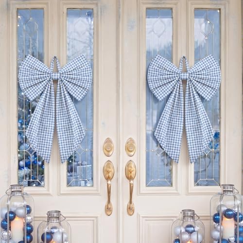 Suncalla 2 Pcs Blue Christmas Gingham Wreath Bows 18'' x 12''