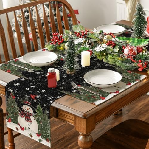 Artoid Mode Snowman Trees Christmas Placemats for Dining Table, 12 x 18 Inch Seasonal Black Winter Birds Xmas Holiday Washable Table Mats Set of 4