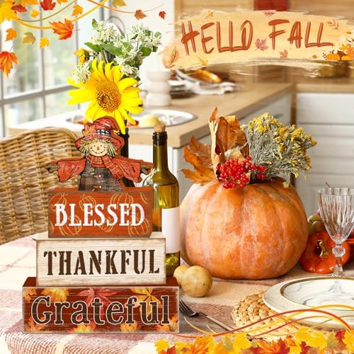 Britimes Fall Scarecrow Tiered Tray Decor Set, 4 Pack, Wooden Table Sign