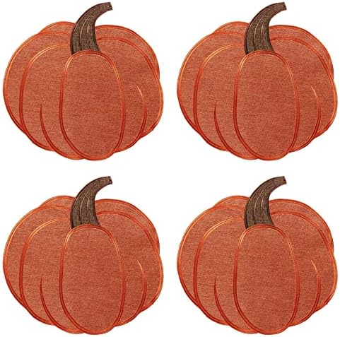 OWENIE Thanksgiving Harvest Pumpkin Placemats 15 x 15 Inch, Set of 4, Embroidered Diecut Place mats, Fall Autumn Home Decorations, Orange Table Mats for Halloween Kitchen Dinning Room, 15 Inch Round