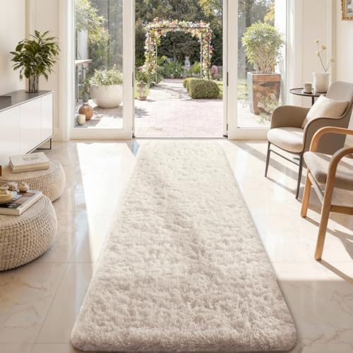 Ophanie 2x8 Runner Rug for Hallway, Upgrade Non-Slip Fluffy Soft Bedside Rugs, Bedroom Living Room Ivory Shaggy Carpet