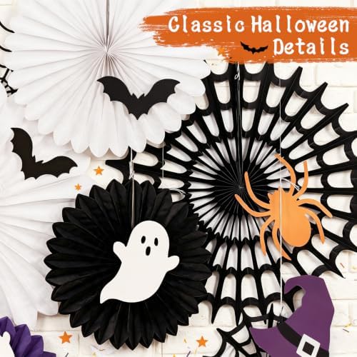 SUNBEAUTY Halloween Decorations Hanging Spider Web Paper Fan Spiderweb Pumpkin Ghost Bat Wall Stickers Black White Orange Halloween Party Decor Indoor Outdoor Scary Home Haunted Party Supplies