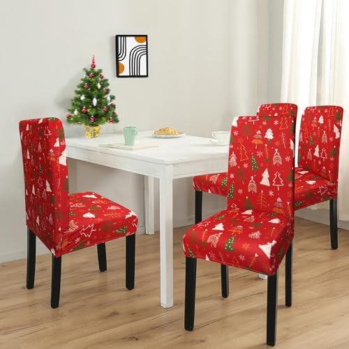 Red Christmas Chair Covers Set of 4,Winter Christmas Tree Snowflake Elk Chair Protectors,Elastic Removable Washable Dining Chair Covers for Winter Christmas Kitchen Dining Room Holiday Decor