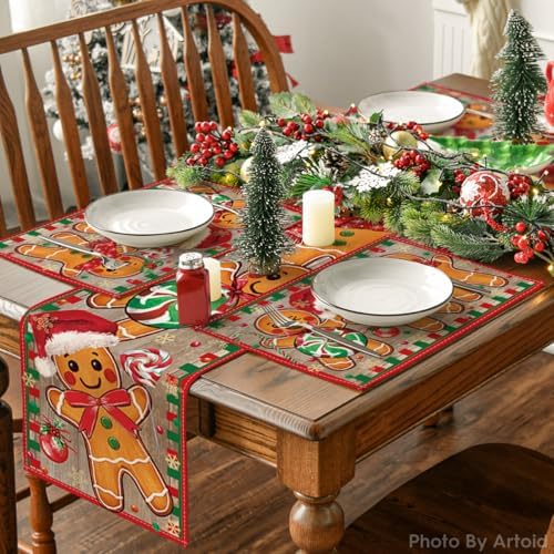 Artoid Mode Wood Gingerbread Candy Cane Christmas Placemats for Dining Table, 12 x 18 Inch Seasonal Winter Washable Table Mats Set of 4