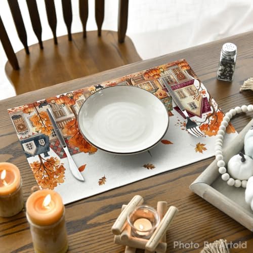 Artoid Mode Pumpkin House Tree Fall Placemats Set of 4-12 x 18 Inch