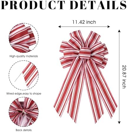 Red White Striped Wreath Bow for Front Door, 20.87 x 11.42 Inch Large Premade Valentine's Day Holiday Bows, Valentines 4th July Decorate