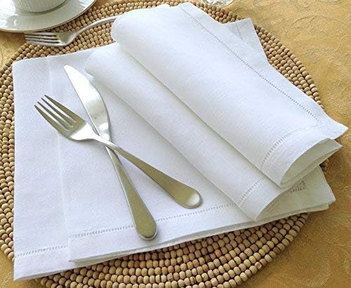White Linen Hem Stitch Dinner Napkins - Set of 6 20"x20"-Ladder hemstitch 100% Linen Cloth Napkins