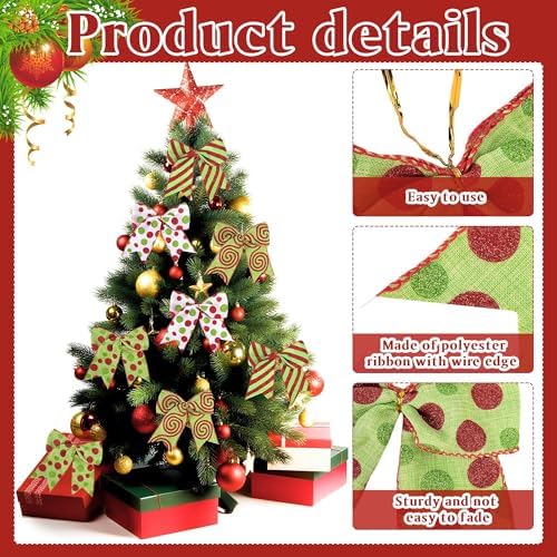 16 Pcs Red Green Christmas Bow Decoration, Glitter Polka Xmas Wreath Bows