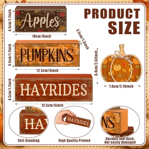 Moucuny 4 Pcs Fall Pumpkin Wooden Block Signs Tabletop Tiered Tray Decor