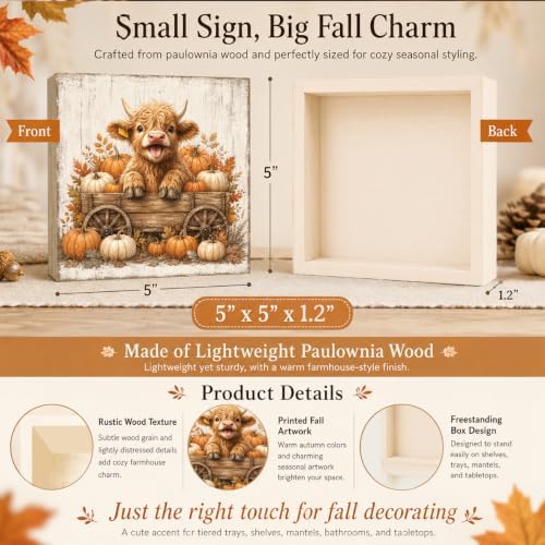 Fall Decorations for Home Highland Cow Pumpkin Wood Sign Fall Decor 5x5Inch