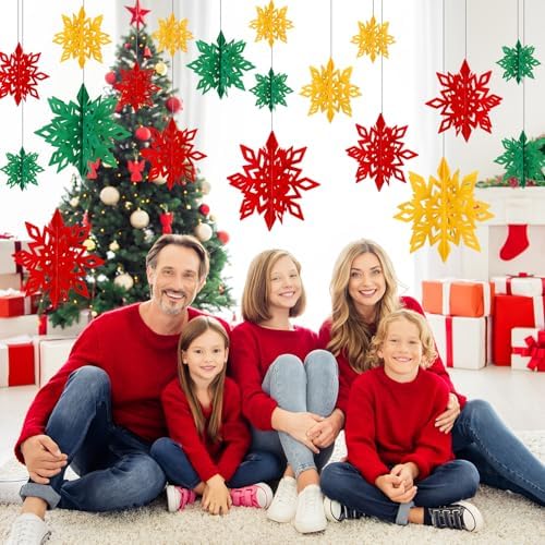 Whaline 18Pcs Christmas Hanging Decorations Red Green Gold 3D Snowflake Paper Ornaments with String Large Snowflake Pendant Garlands for Xmas Winter Wonderland Party Home Ceiling