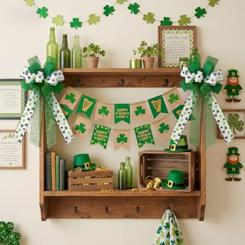 Suncalla 4 Pack Large Spring Bows for Wreath 21x11 Inch Green Shamrock Tree Topper Bow Clover Burlap Bowknot Holiday Crafts with Wired Edge for Basket Front Door Wall Outdoor Decor Ornament