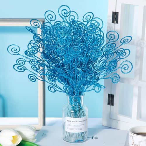 Ysleen 50 Pcs Glitter Tree Picks and Sprays Twigs Branches, Blue