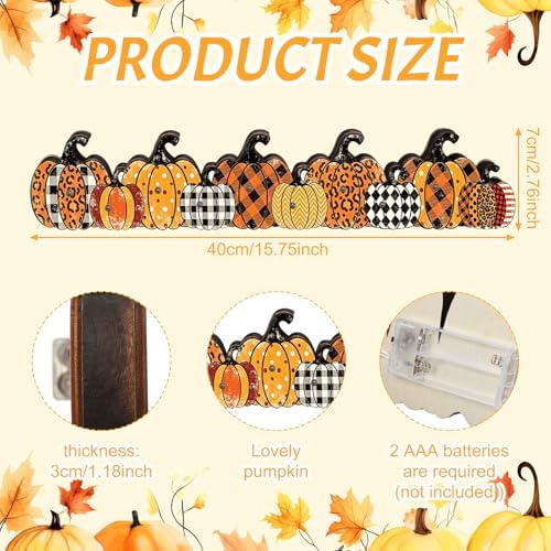Yousoontic Fall Pumpkin Decor, LED Lighted Fall Table Centerpieces, Retro Plaid Leopard Wooden Pumpkin Sign Decorations 3D Block Farmhouse Decor for Autumn Harvest Thanksgiving Home Mantel Party