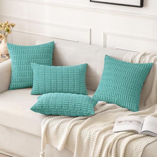 MIULEE Lumbar Corduroy Decorative Throw Pillow Covers 12x20 Aqua Green