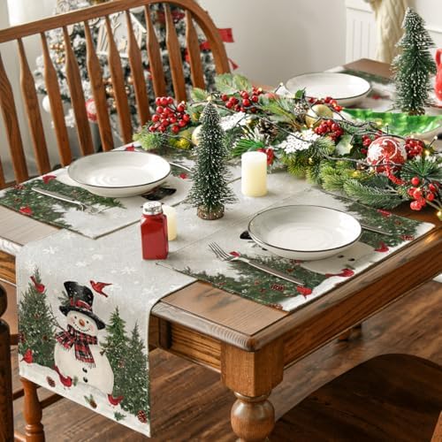 Artoid Mode Snowman Birds Trees Christmas Placemats Set of 6, 12x18 Inch Seasonal Grey Winter Holiday Table Mats for Party Kitchen Dining Decoration
