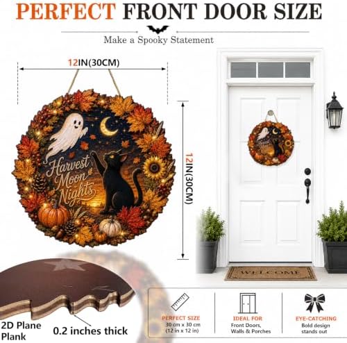 Halloween Harvest Moon Nights Fall Wreath Sign, Black Cat Ghost Wood Decor