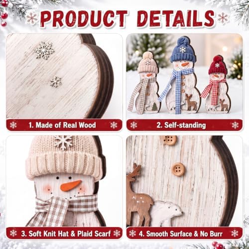 Suzile 3 Pcs Wooden Snowman Figurines, Christmas Tabletop Decor