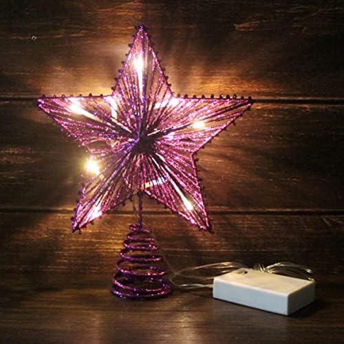 CVHOMEDECO. Violet Glittered 3D Tree Top Star with Warm White LED Lights and Timer for Christmas Tree Decoration and Holiday Seasonal Décor, 8 x 10 Inch