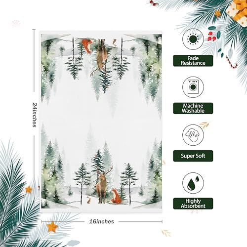Winter Decor Deer Green Tree Snow Christmas Kitchen Towels,16x24 Inches Set of 2,Tea Towels Dish Towels Hand Towels for Home Kitchen Farmhouse Bathroom Decor.(027)